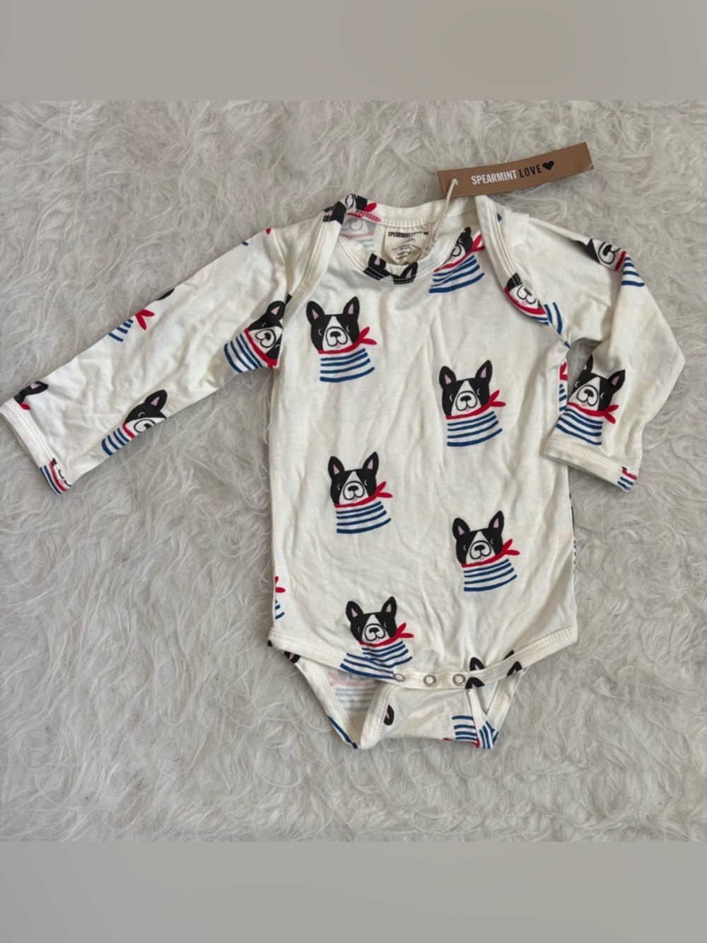 SpearmintLOVE White Festive Frenchie AOP Long Sleeve Baby Bamboo Bodysuit